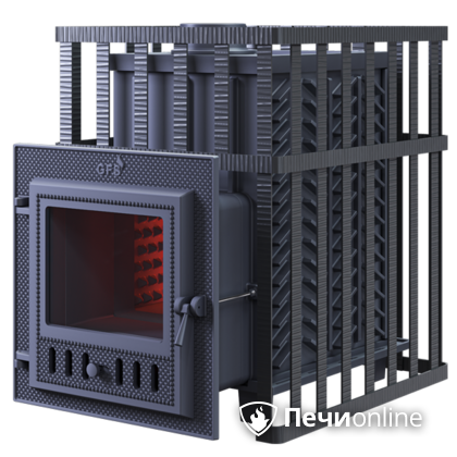 Дровяная банная печь Гефест ЗК в сетке-18 (М) чугунная дверца со стеклом, запатентованная каменка сетка в Красноуфимске